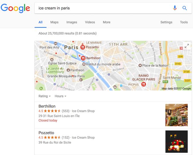 Kết quả trên Google Tìm kiếm về các cửa hàng kem, trong đó hiển thị kết quả nhiều định dạng được tạo bằng dữ liệu có cấu trúc.